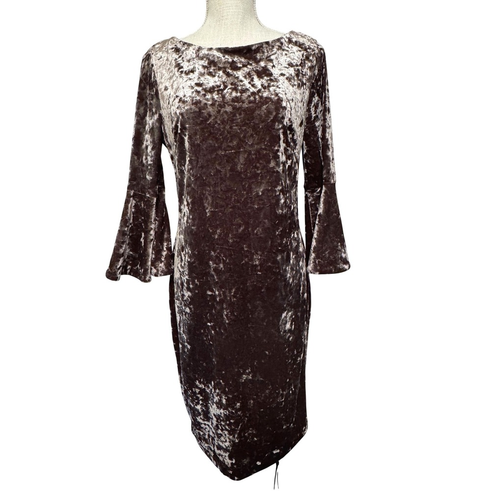 Calvin Klein Crushed Velvet Sheath Dress Bell Sleeves 10 Brown